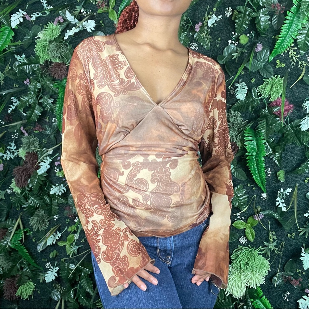 NOT FOR SALE Y2k brown paisley mesh long sleeve top